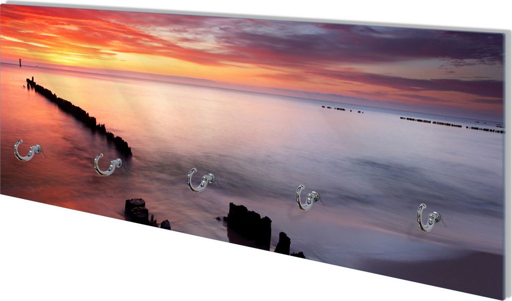 Wallario Flurgarderobe Wandgarderobe aus Glas, mit 5 Haken, Größe 80 x 30 cm, Motiv Sandstrand im Sonnenuntergang - Roter Himmel