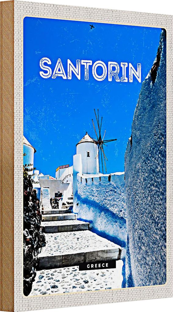Holzschild Reise 20x30cm Santorini Griechenland weiße Treppen