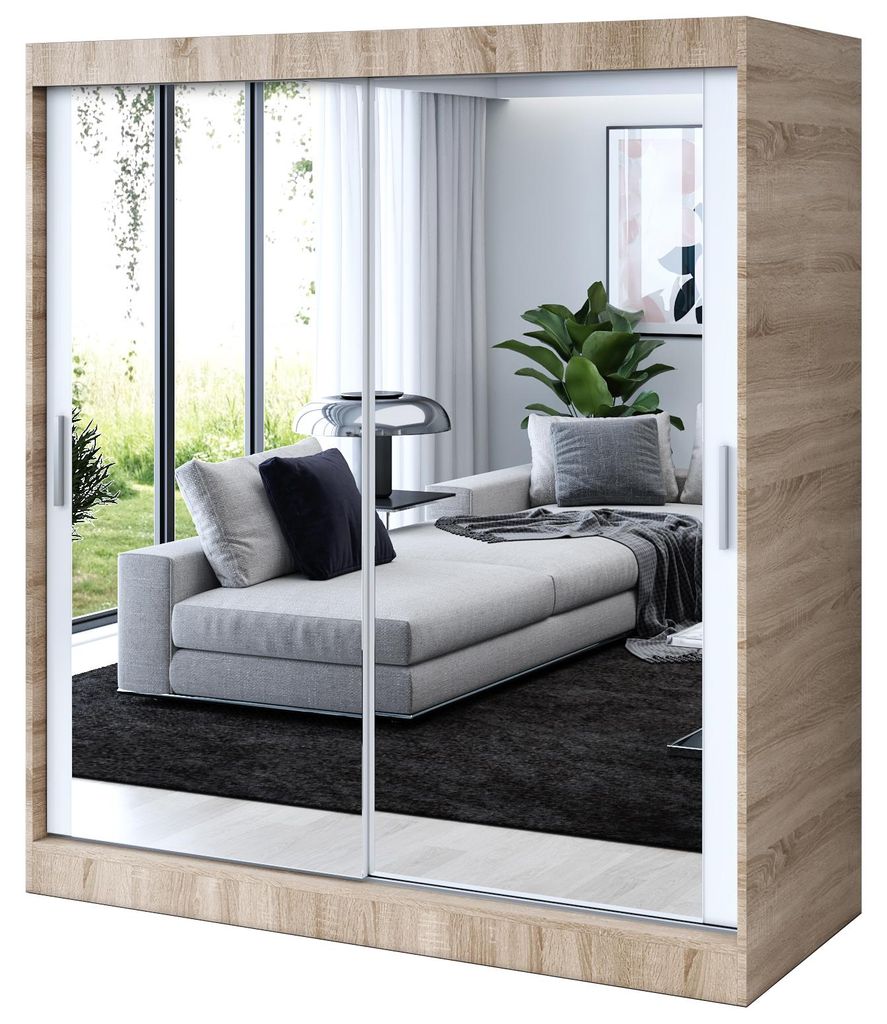 Kleiderschrank Sonoma Eiche & Weiß Matt - 180x200cm - Schiebetürenschrank KARL - mit 2 Spiegeln - für Schlafzimmer & Garderobe