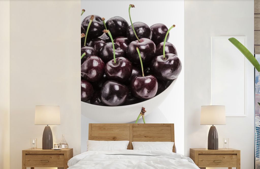 MuchoWow Fototapete für Wohnzimmer oder Schlafzimmer Wandtapete Vinyl Motivtapete Kirsche - Schale - Weiß - 120x240 cm - Hintergrundbild