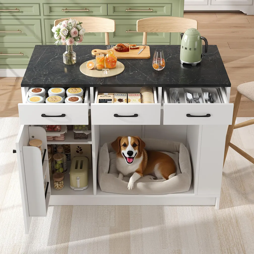 Buffet de Cuisine avec Plan de Travail et Rangement Croquettes Intégré