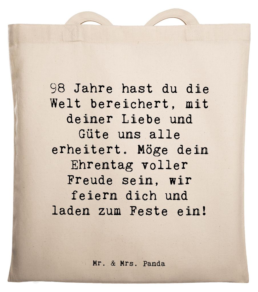 Mr. & Mrs. Panda Shopping Tasche Spruch 98. Geburtstag - Transparent - Geschenk, Tote Bag, Uni, dokumententasche, Glückwunsch, liebevolle Geschenk...