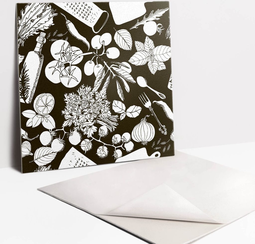 Fliesenaufkleber Set für Bad und Küche - 9 Fliesen Selbstklebend PVC - 30 x 30 - Schwarz -Weiß -Zeichnungsgemüse