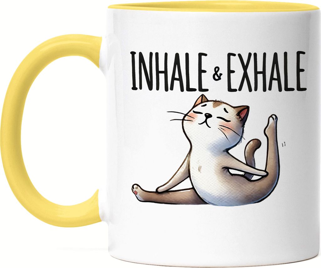 Inhale & Exhale Tasse Gelb Geschenkidee für Yoga-Fans und Katzenliebhaber