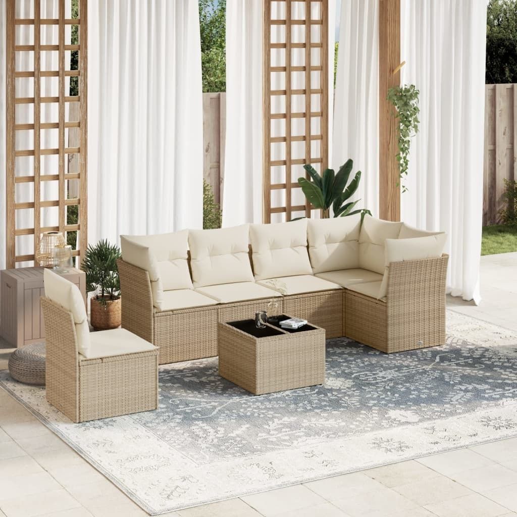 Gartenmöbelgarnituren - 7-tlg. Garten-Sofagarnitur mit Kissen Beige Poly Rattan Möbel21