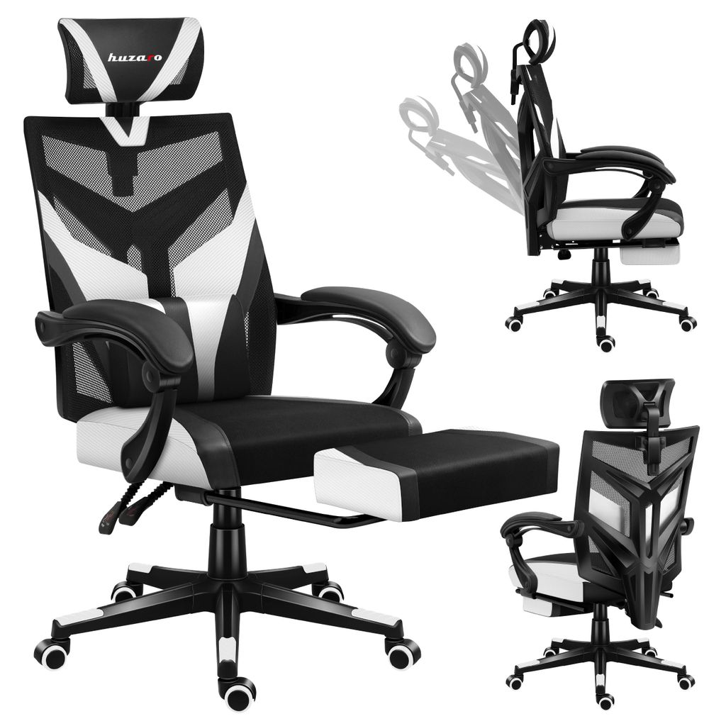 Huzaro Combat 5.0 | Gaming Stuhl Ergonomischer Bürostuhl PC-Stuhl | Fußstütze Verstellbare Kopfstütze bis 140 kg 90-140° Neigungswinkel | Weiß