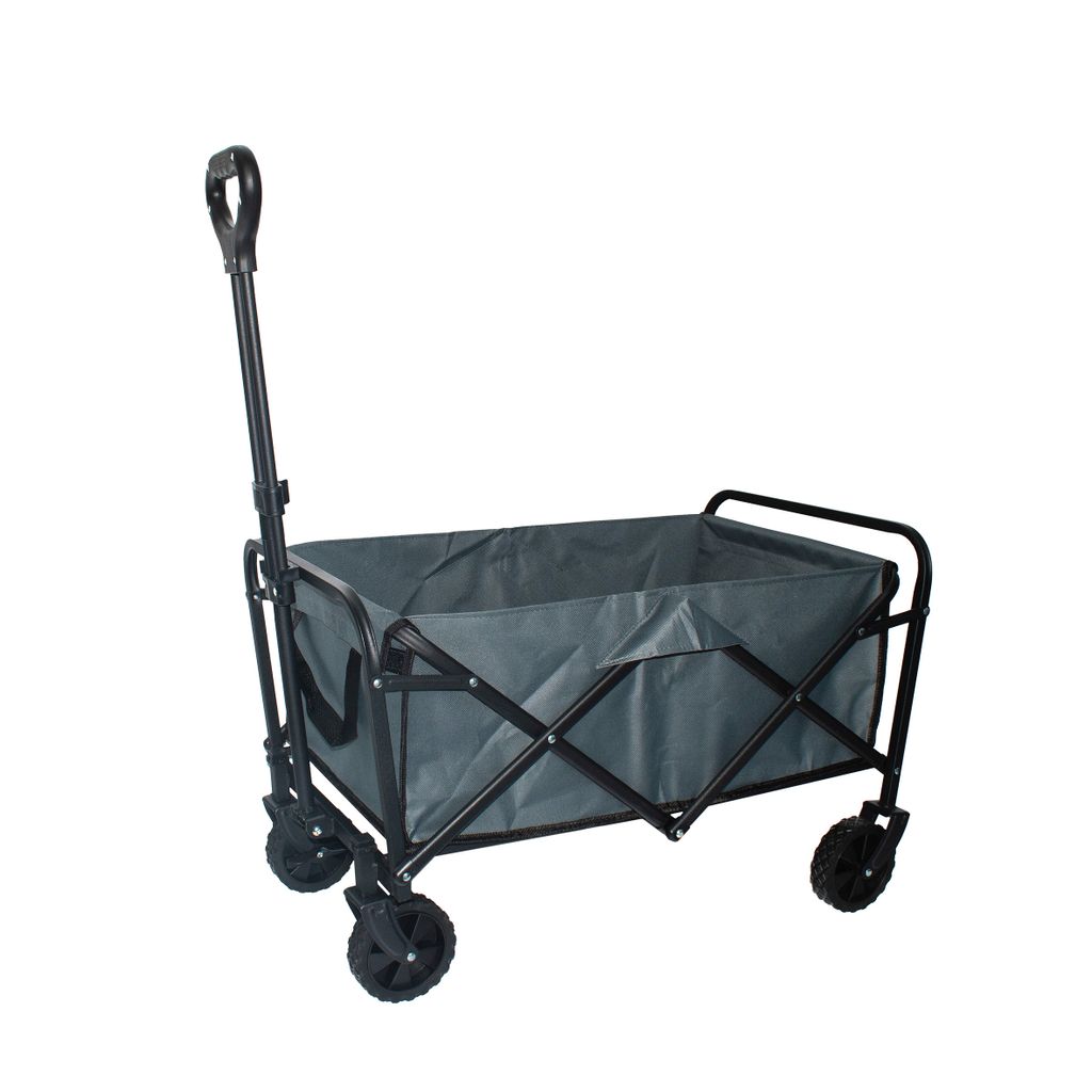 A gray collapsible wagon with a black frame and handle is shown against a white background.
