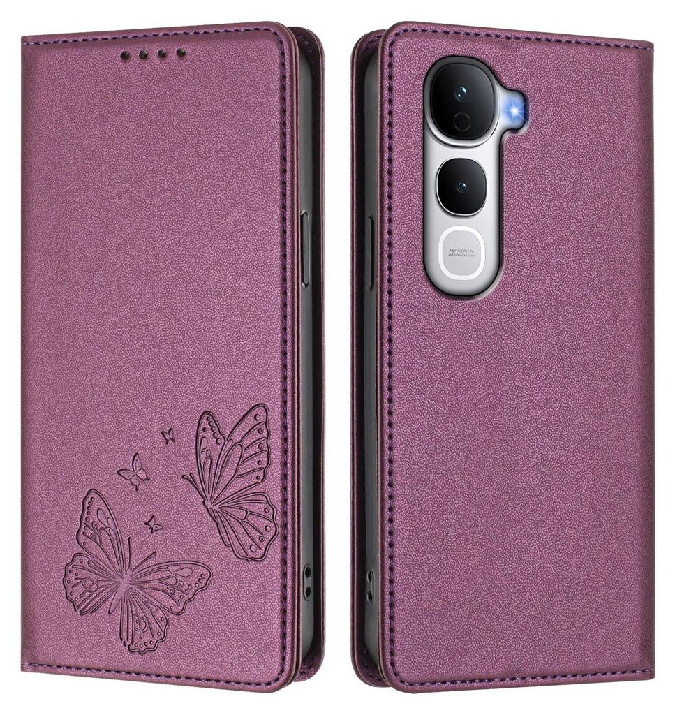 Lederhülle für Vivo Y400 Pro, Schmetterling Prägung Leder Brieftasche Schutzhülle mit Ständer Lila