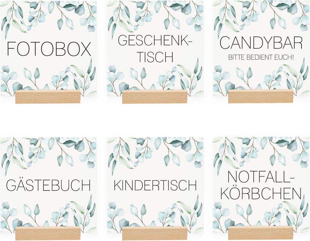 younikat 6x Hochzeit Tafeln Candybar Gästebuch Geschenktisch Fotobox Kindertisch Notfallkörbchen I 15cm Hochzeitsschilder mit Holzsockel I Eukaly...