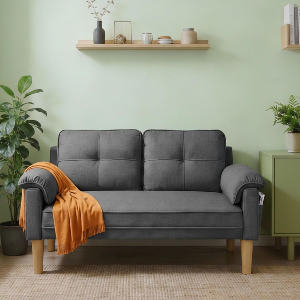 A dark gray sofa with an orange throw blanket is placed in a room with light green walls and a beige rug.