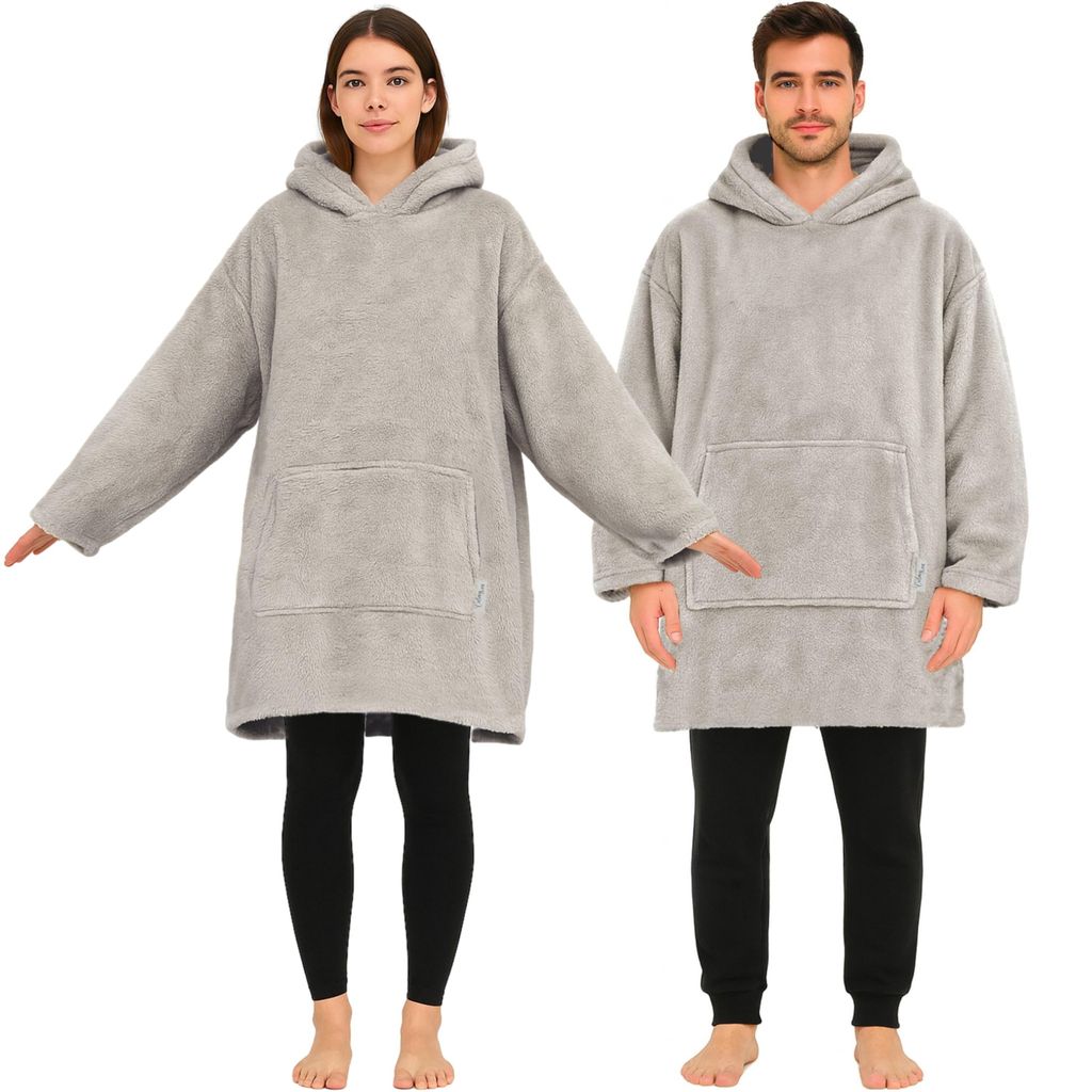 Hoodie Decke mit Ärmeln Plüsch Sherpa Deckenpullover Oversize Kuscheldecke zum anziehen Kuschelpullover für Damen Herren XXL Poncho Grau