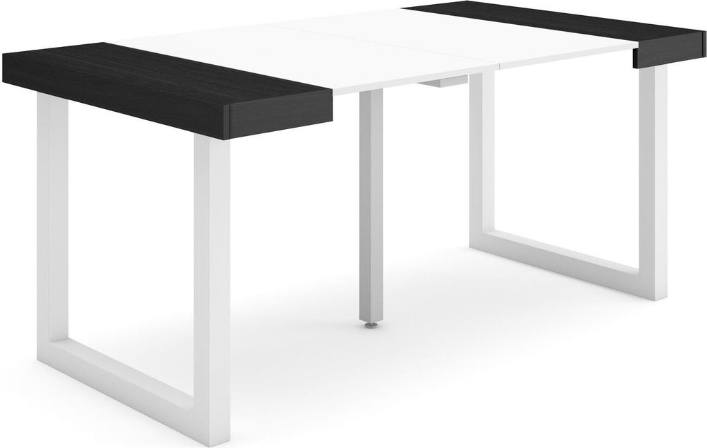 Ausziehbarertisch, 160x90x73cm, Für 8 Gäste, Massivholz Beine, Weiß und Schwarz
