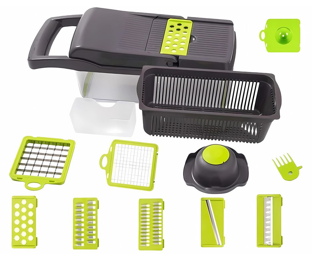 A collection of vegetable and fruit cutting attachments and a main cutting unit are arranged on a white background.