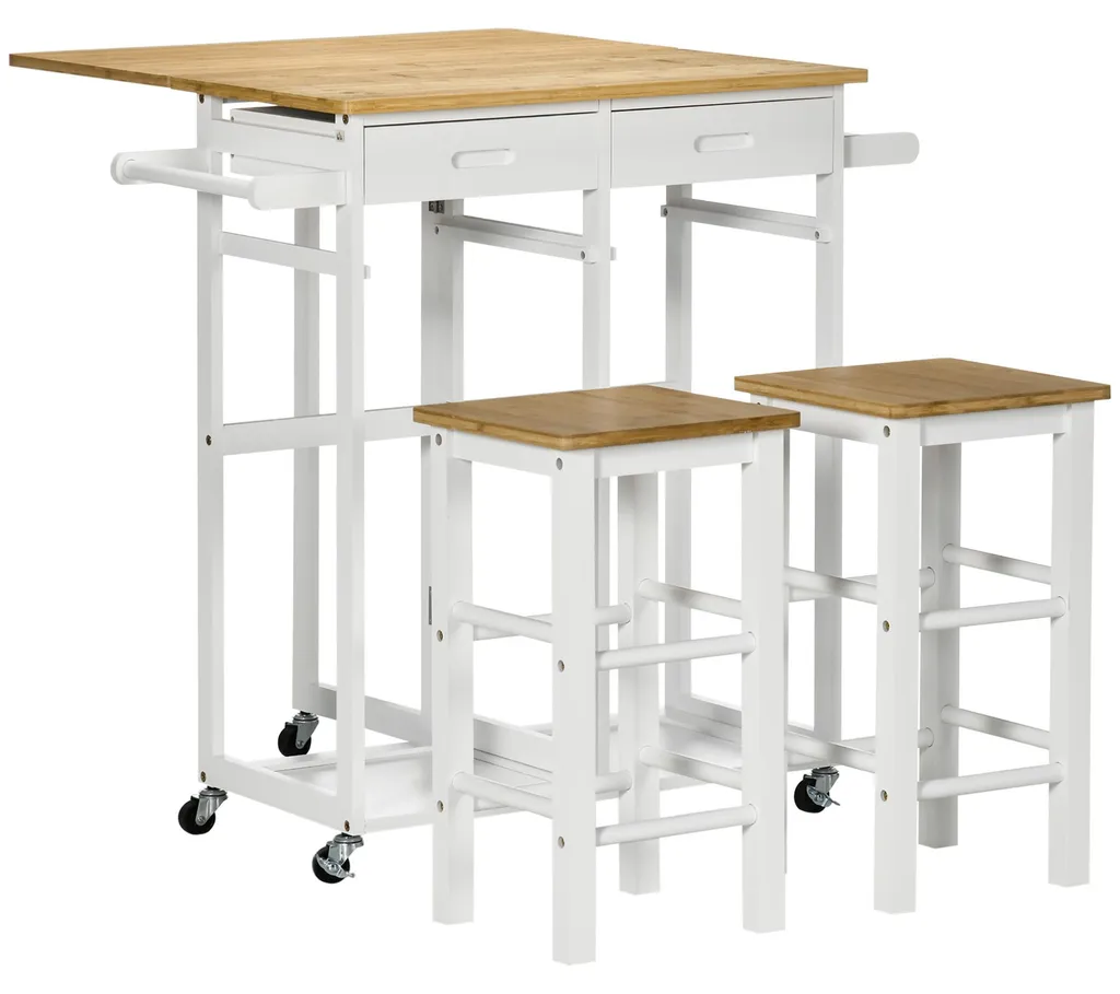 Desserte de cuisine avec table pliable et 2 tabourets en bois et blanc