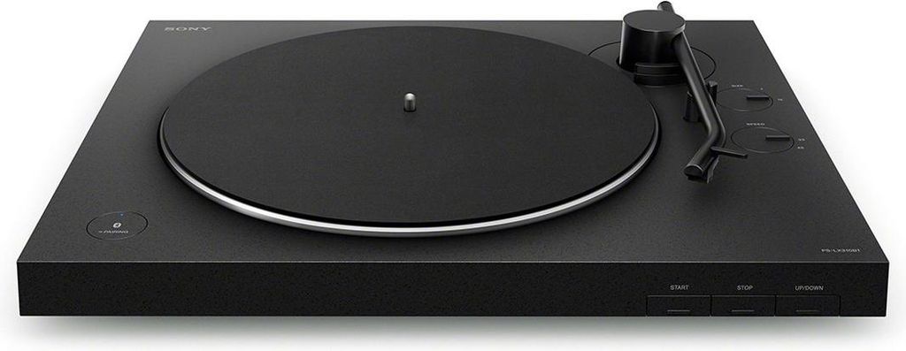 A black Sony turntable is shown from a slightly elevated, front-left angle against a white background.