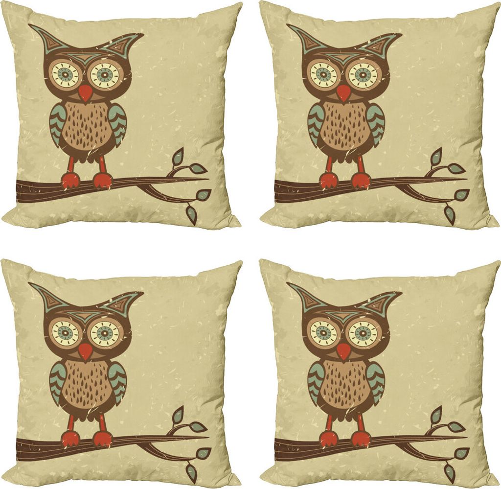 ABAKUHAUS Eule Kissenbezug Set (4 Stück), Eule sitzen auf Zweig, Moderner Doppelseitiger Digitaldruck, 40 cm x 40 cm, Braun Creme Teal