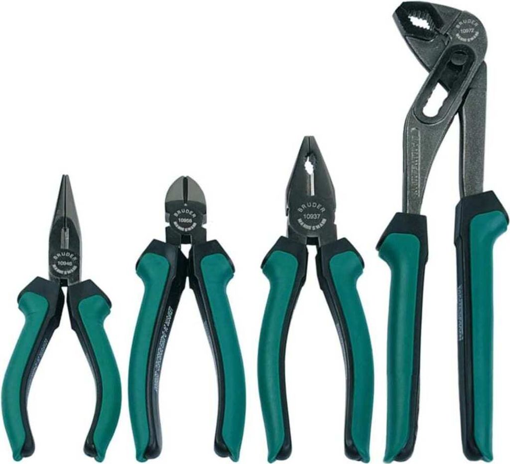 A set of four pliers arranged in a row against a white background.