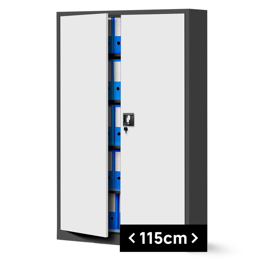 A gray and white metal filing cabinet with its doors open, showing several blue folders inside. A black overlay with white text is in the bottom right corner.