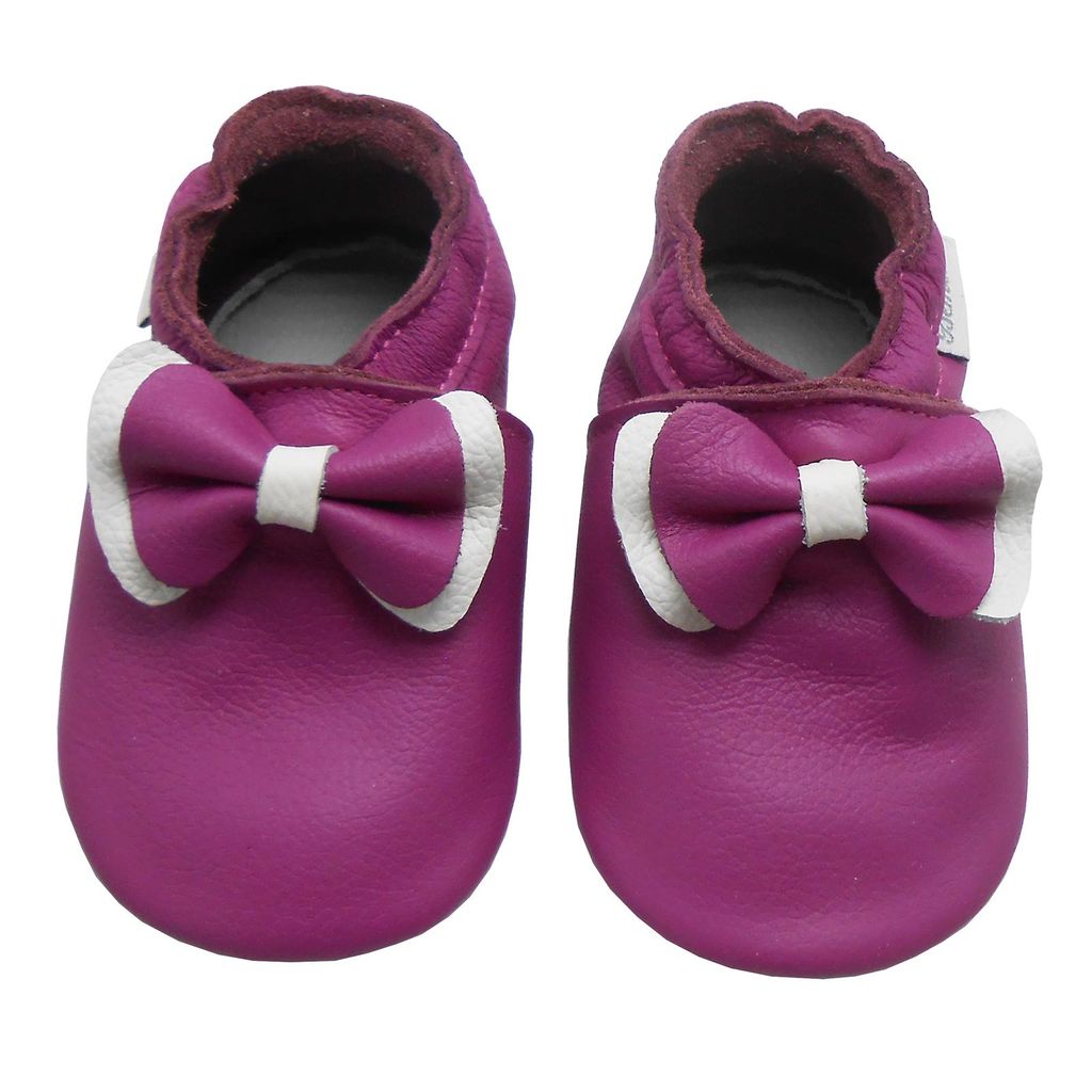 BEMUSE Baby Krabbelschuhe aus Echtleder, weiche Lauflernschuhe für Mädchen&Jungen, rutschfeste Ledersohle, Violett, Schleifen, Größe M (6–1...