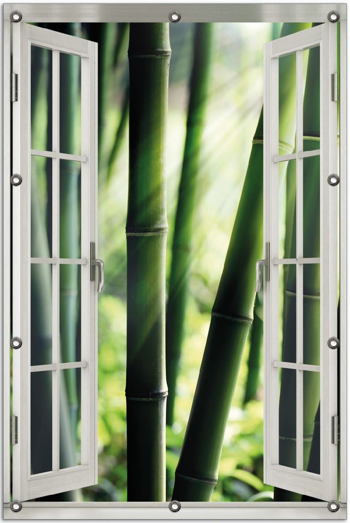 Wallario Outdoor-Poster für Garten oder Balkon 80 x 120 cm: Bambuswald und Sonnenstrahlen