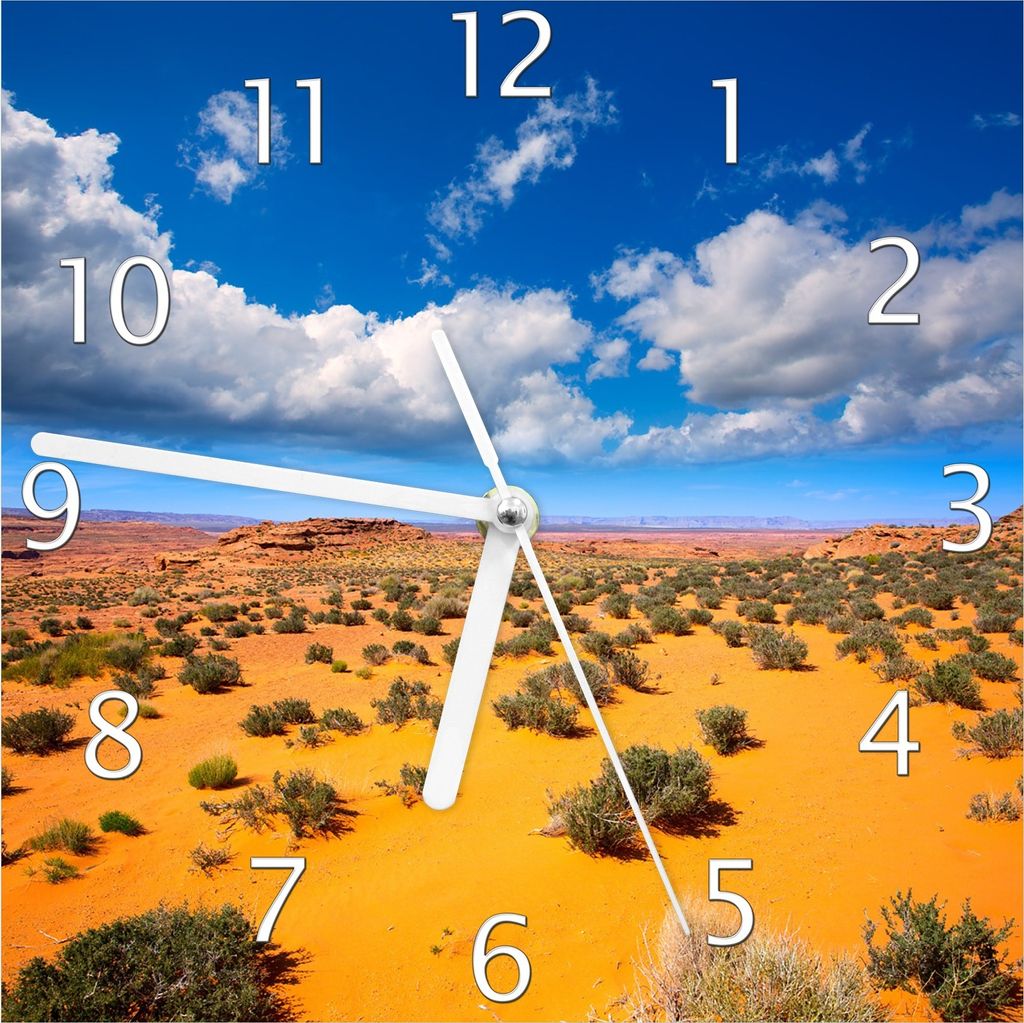 Wallario Design Wanduhr Wüste in Arizona - blauer Himmel mit Wolken I aus Echtglas, Größe 20 x 20 cm