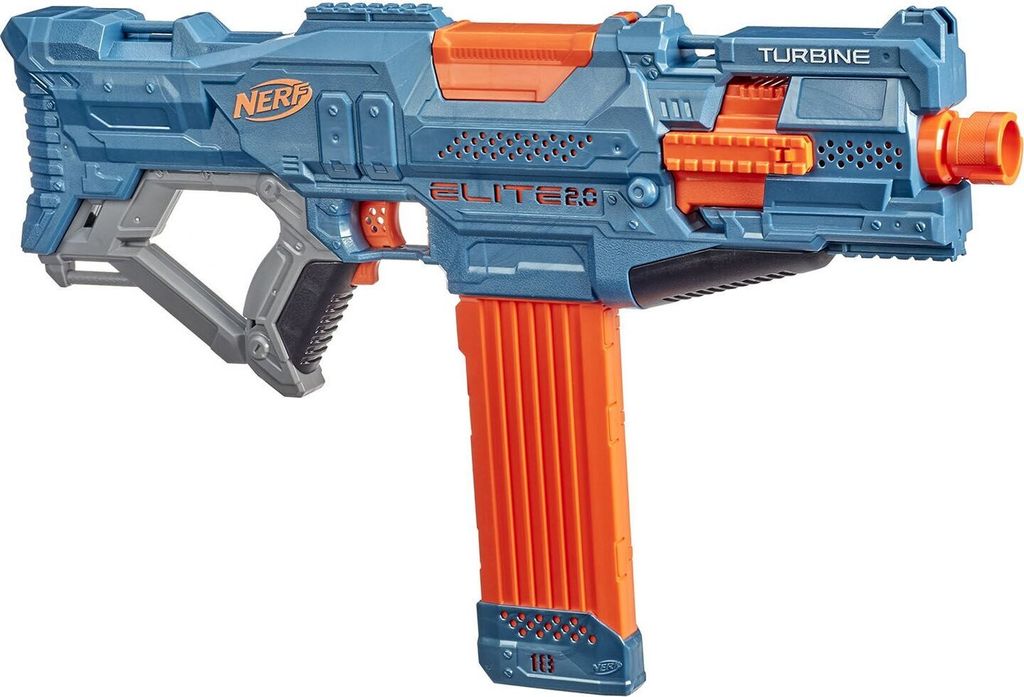 A blue and orange Nerf Elite 2.0 Turbine CS-18 blaster is shown against a white background.
