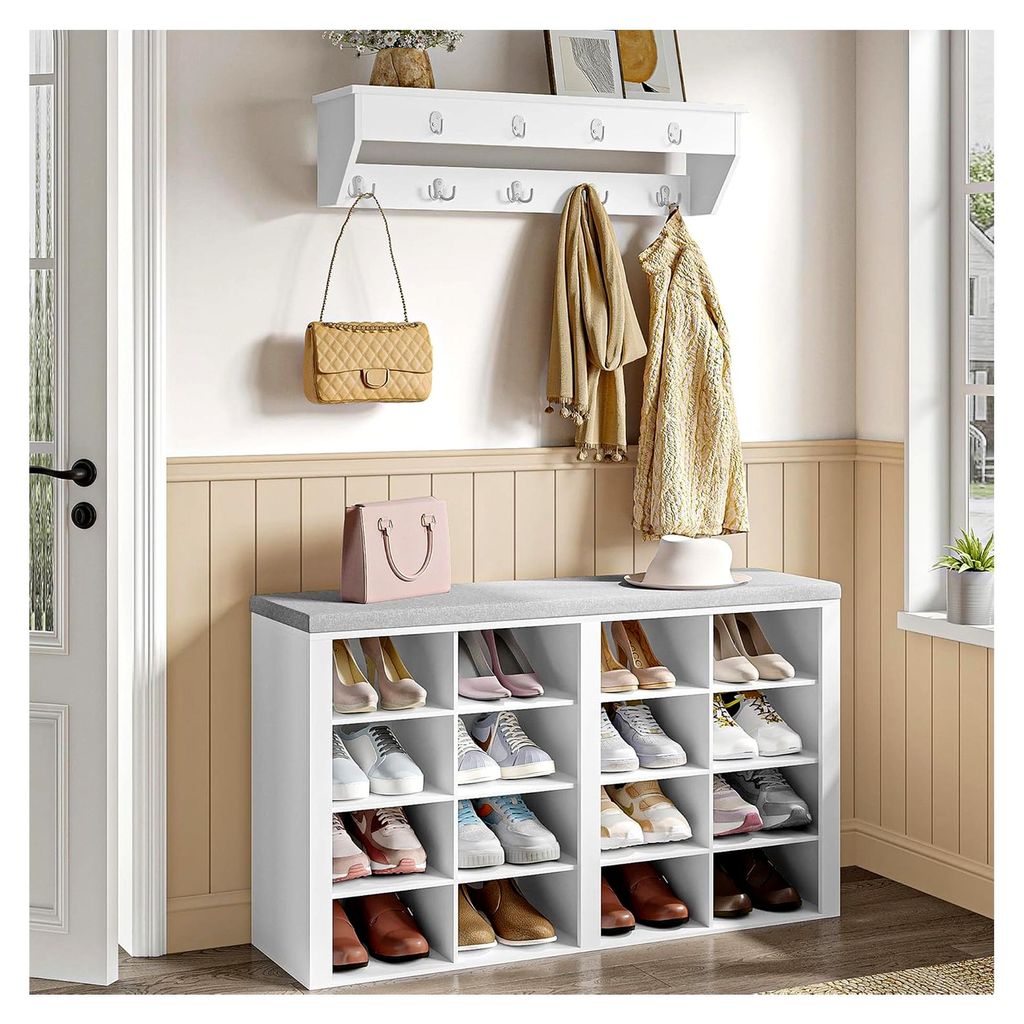 Garderobe mit Sitzbank und Schuhablage, Eingangsbank mit 9 Haken und 16 Fächern, für Wohnzimmer und Flur, 30 x 104 x 59 cm, Weiß-Grau