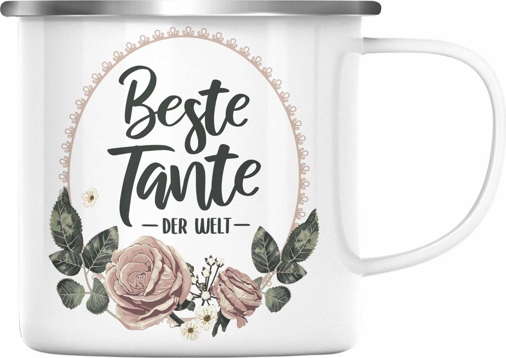 Trendation - Beste Tante der Welt Geschenk Emaille Tasse mit Spruch Emaille Emaille Tasse für Coole Tante (Silber)