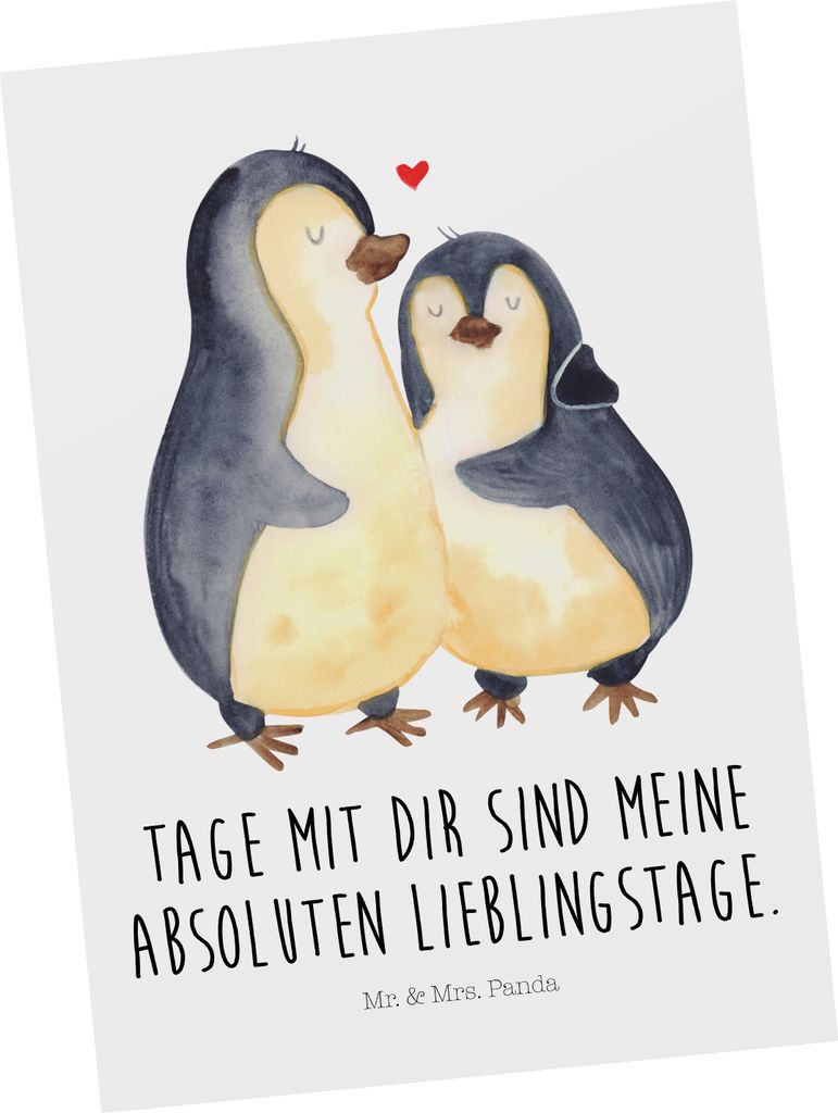 Mr. & Mrs. Panda Ansichtskarte Pinguin umarmen - Weiß - Geschenk, Umarmung, Jahrestag, bildkarte, Kunstkarten, Hochzeitstag, Postkarten, Postkarte...