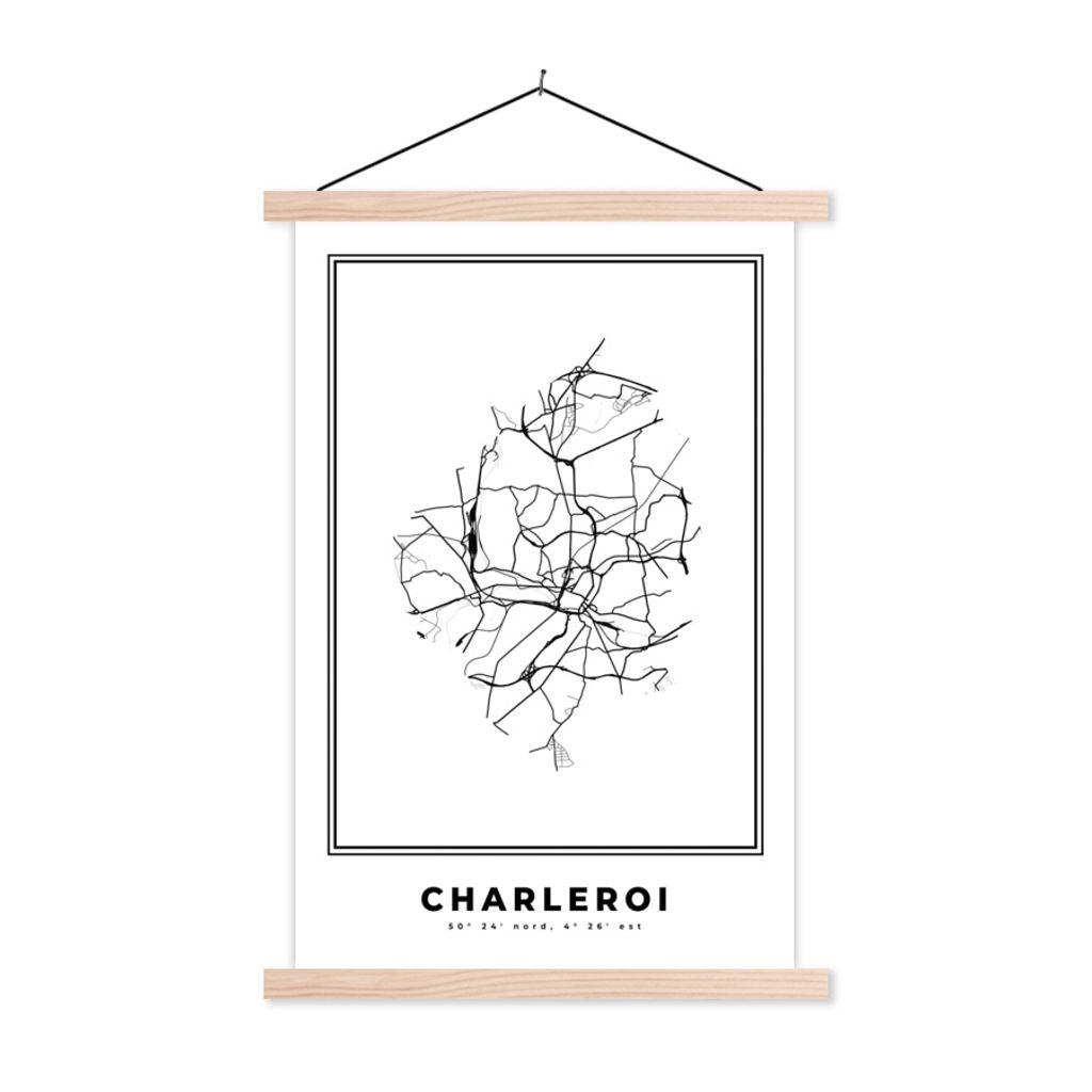 MuchoWow Textilposter Karte - Charleroi - Schwarz und weiß - Stadtplan - Belgien 60x90 cm mit holzfarbenen Rahmen - Textil