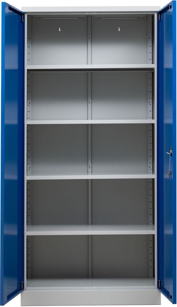 Aktenschrank MOOSE mit abschließbaren Flügeltüren | 4 Fachböden | HxBxT 195x92x42cm | Zerlegte Anlieferung | Lichtgrau-Enzianblau