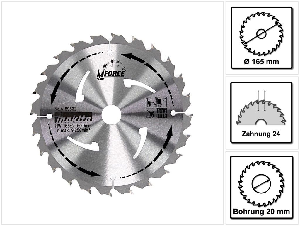 Makita A-89632 Lama M-Force HM 165 mm con 24 denti Immagine del prodotto 