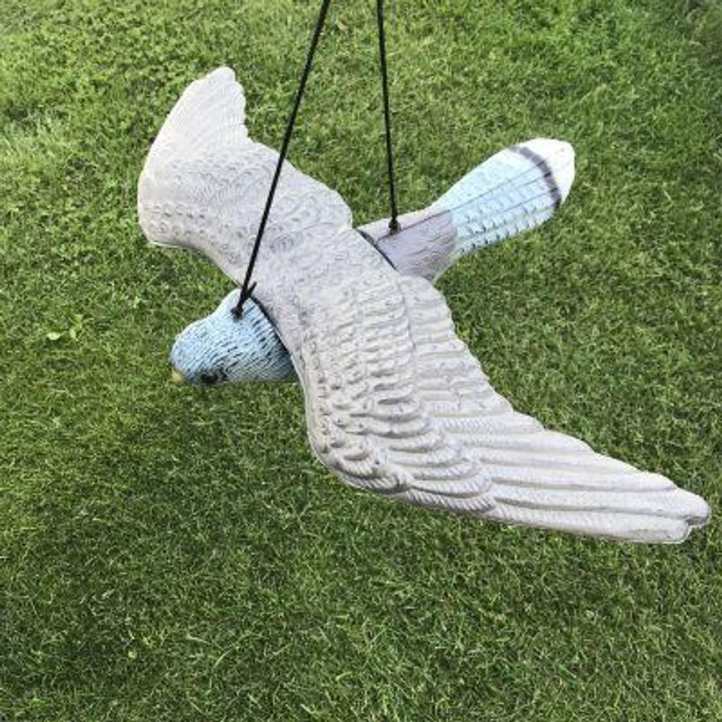A plastic bird decoy is hanging in a grassy yard.
