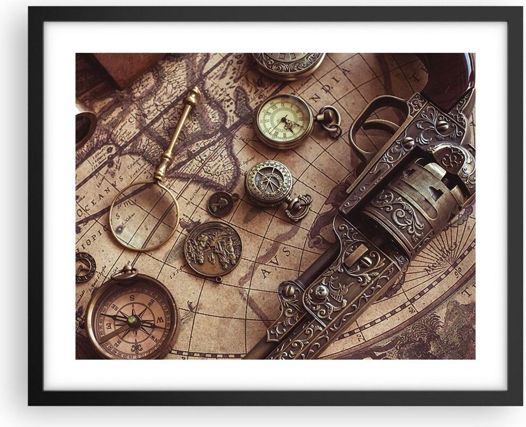 Gerahmtes Poster - Schwarzer Rahmen - Kartographie Vintage Kompass - 50x40 cm - Wand Bild - Wanddeko - Wandbilder - Kunstposter - Wandposter - Bild...