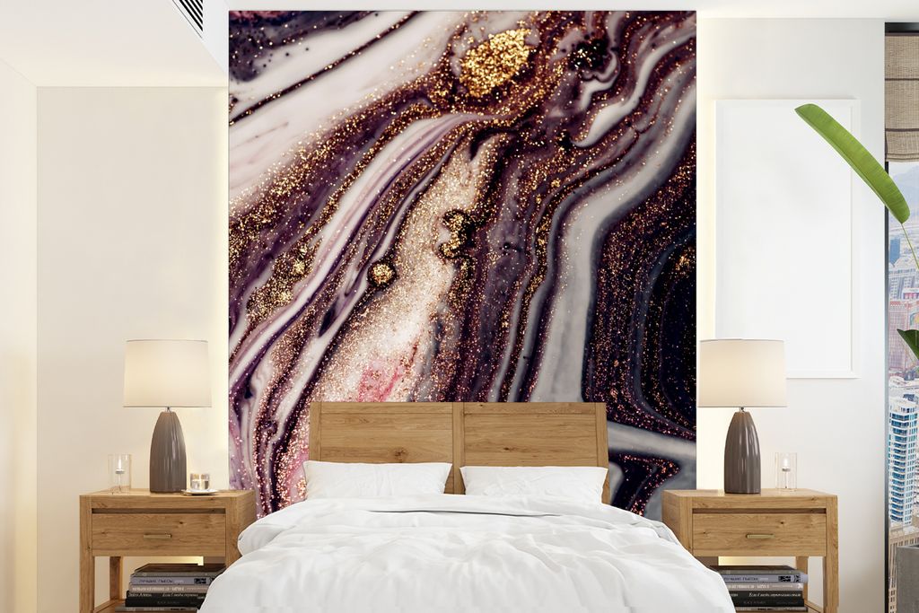 MuchoWow Fototapete für Wohnzimmer oder Schlafzimmer Wandtapete Vinyl Motivtapete Marmor - Rosa - Gold - Glitzer - Marmoroptik - 190x260 cm - Pa...