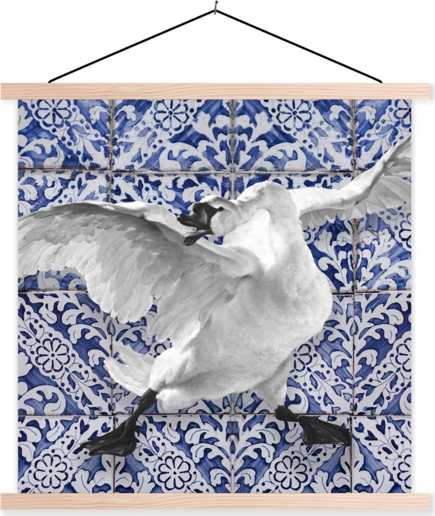 MuchoWow Textilposter Schwan - Kunst - Delfter Blau - Malerei - Alte Meister 40x40 cm mit holzfarbenen Rahmen - Posterleiste