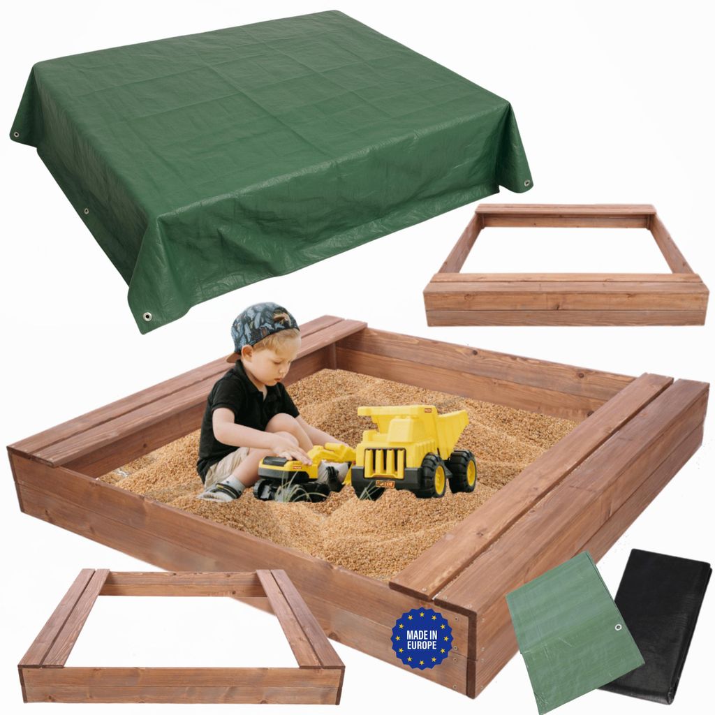 MODO24 Sandkasten Holz, Sitzbänke, Schutzplane, Holzsandkasten, Kinder Gartenspielzeug, Garten, 140x137 cm, Braun Imprägniert, PIA