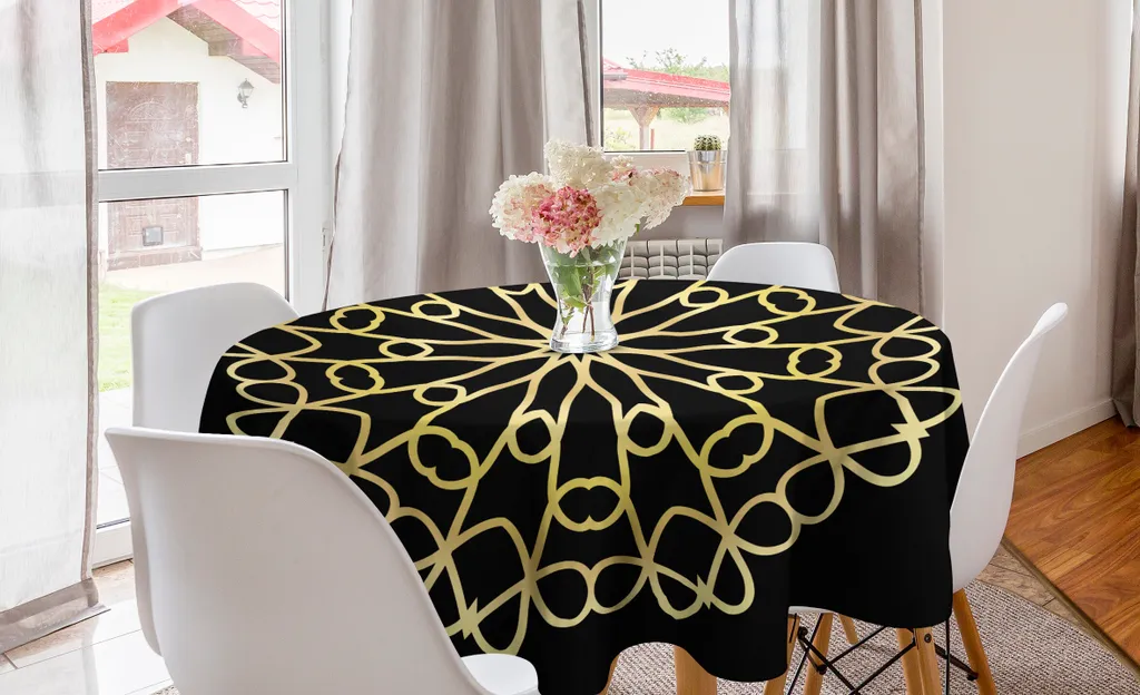 Tovaglia Rotonda Antimacchia Mandala 150 cm | Lavabile Senape Nera