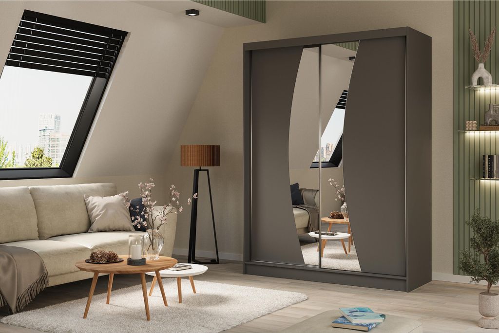 Schiebetürenschrank 160 cm Flow mit dekorativem Spiegel Graphitfarbener Kleiderschrank mit Schiebetüren und Spiegel Moderner Kleiderschrank mit R...