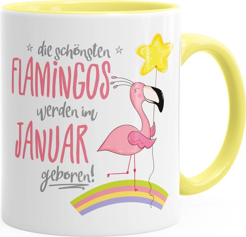 Geschenk-Tasse die schönsten Flamingos werden im Januar geboren Geburtstags-Tasse Geburtstmonat Wunschmonat Kaffee-Tasse MoonWorks hellgelb unisize