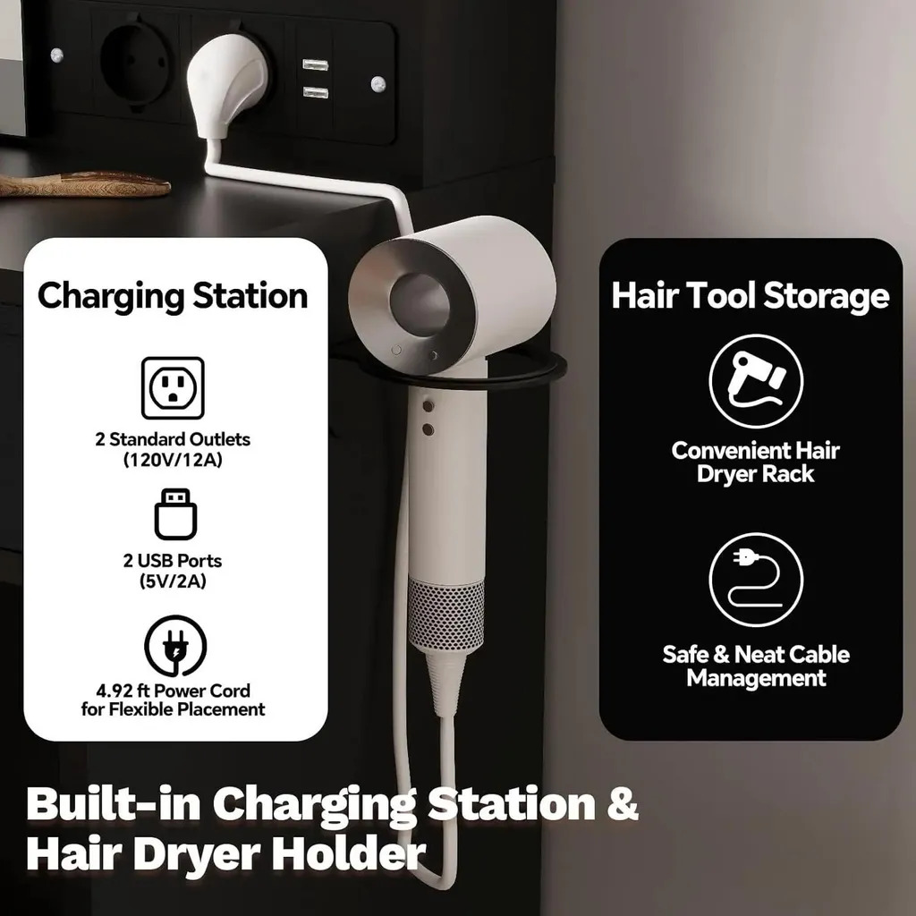 Coiffeuse LED Compacte avec Chargeur USB et Rangement - Noir - Pack Complet - 5
