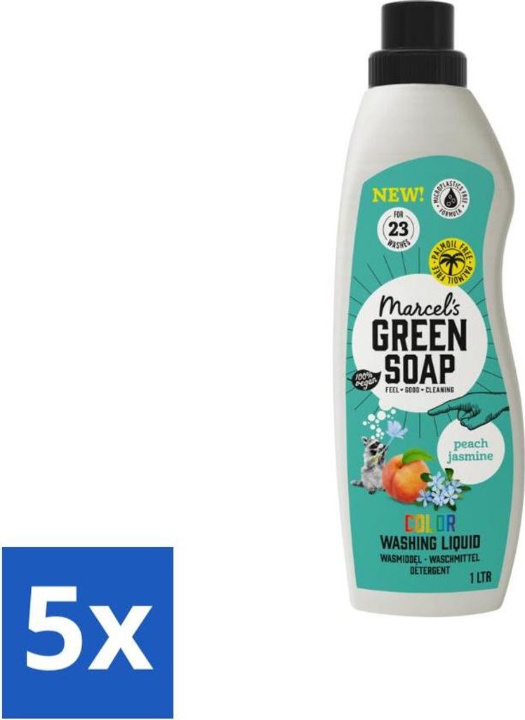 Marcel's Green Soap – Flüssigwaschmittel – Color – Pfirsich & Jasmin – Wirksam & Natürlich – 23 Wäschen – 1 Liter - Vorteilspack - 5...