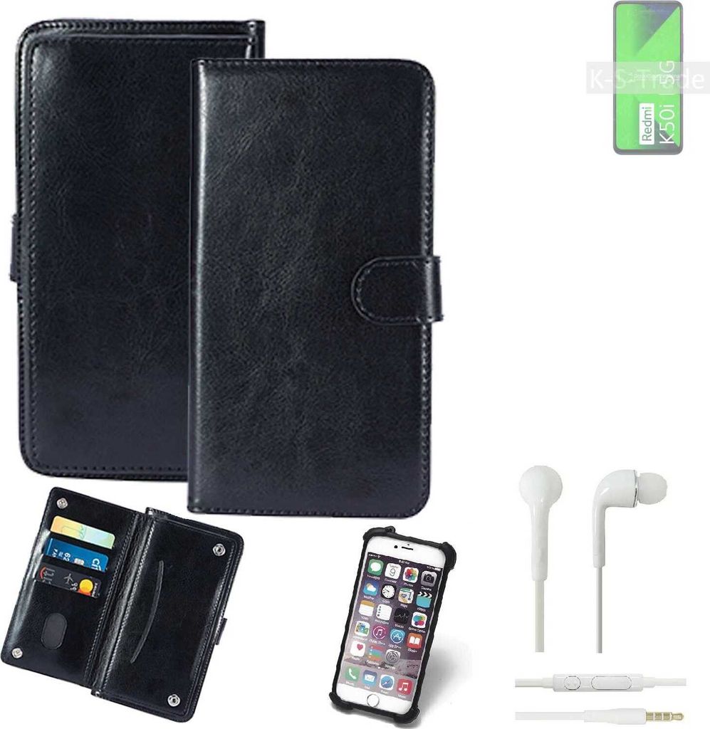 K-S-Trade 360° Hülle kompatibel mit Xiaomi Redmi K50i 5G inkl. Headphones schwarz Kunstleder Case BookCase WalletCase Kunstlederederhülle