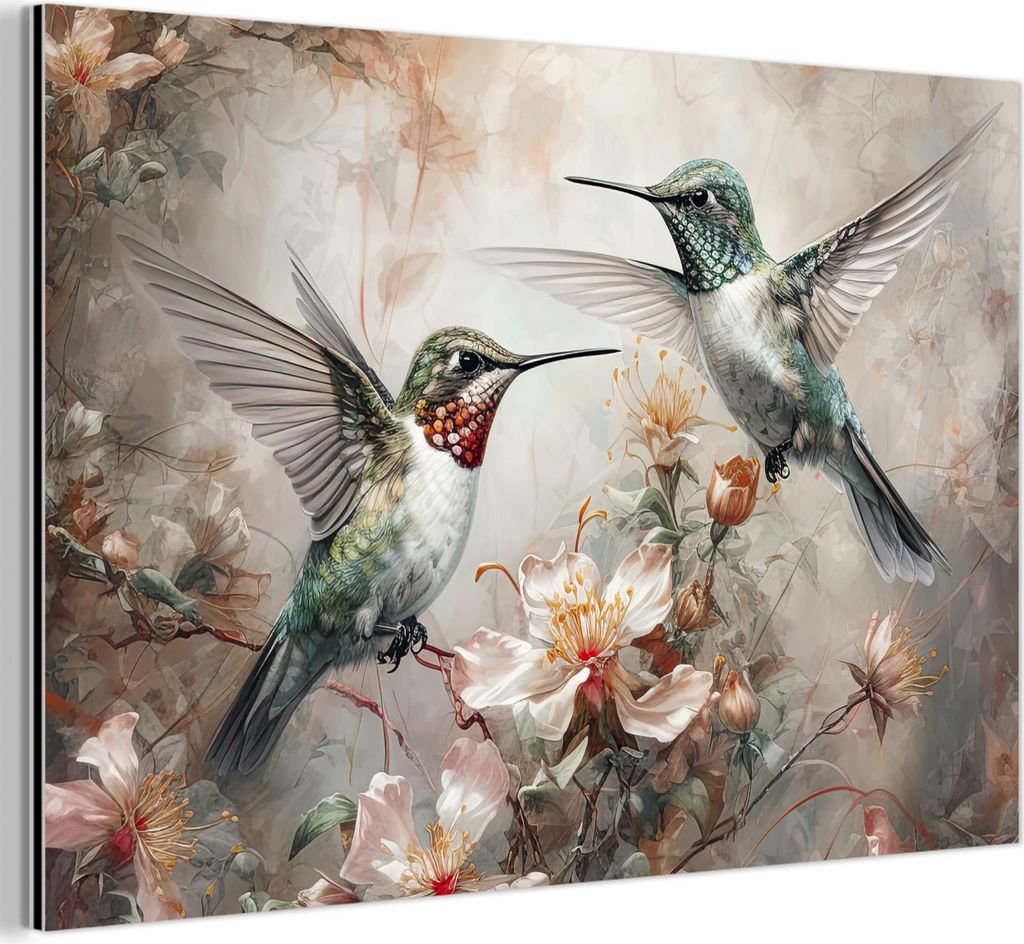 MuchoWow Wanddekoration Metall Metallbild Wandkunst 90x60 cm Kolibri - Vögel - Blumen - Pflanzen MuchoWow Aluminium Gemälde - Wandbilder