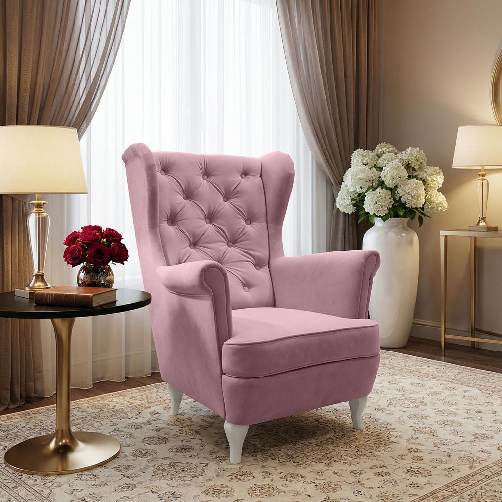 Rosa Ohrensessel aus Velours Falco 86 cm Sessel mit Produktbild 