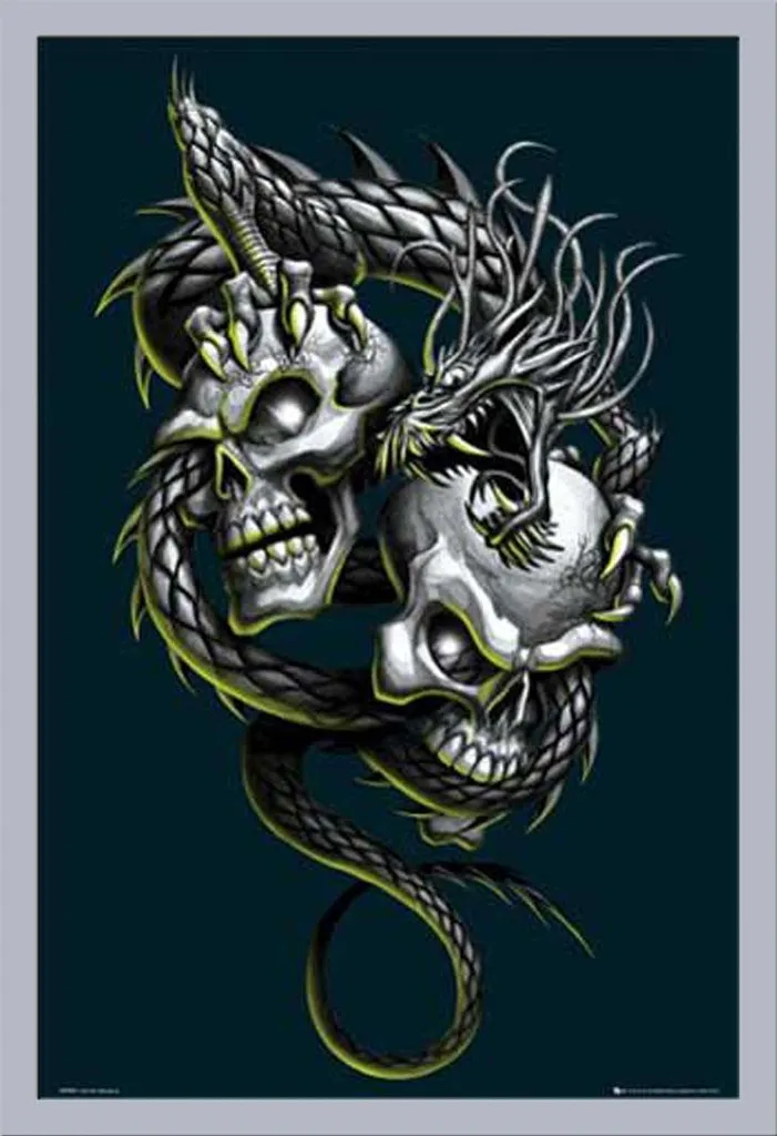 Poster Dual Skulls Gothique avec Cadre Argenté en Vitre Acrylique 61cm