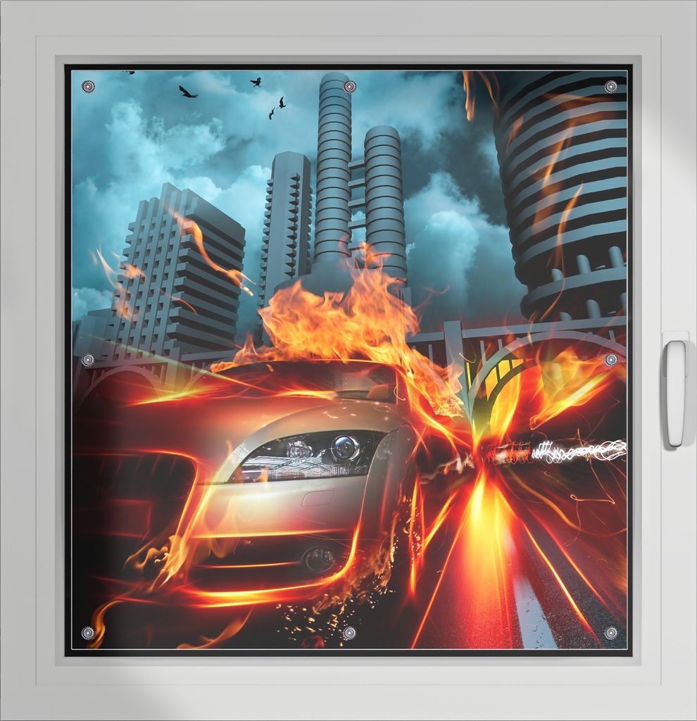 Wallario Lichtschutzbild, Dekorativer Sichtschutz Sonnenschutz 96 x 100 cm mit Motiv: Brennendes fahrendes Auto - Verdunklung ohne Bohren