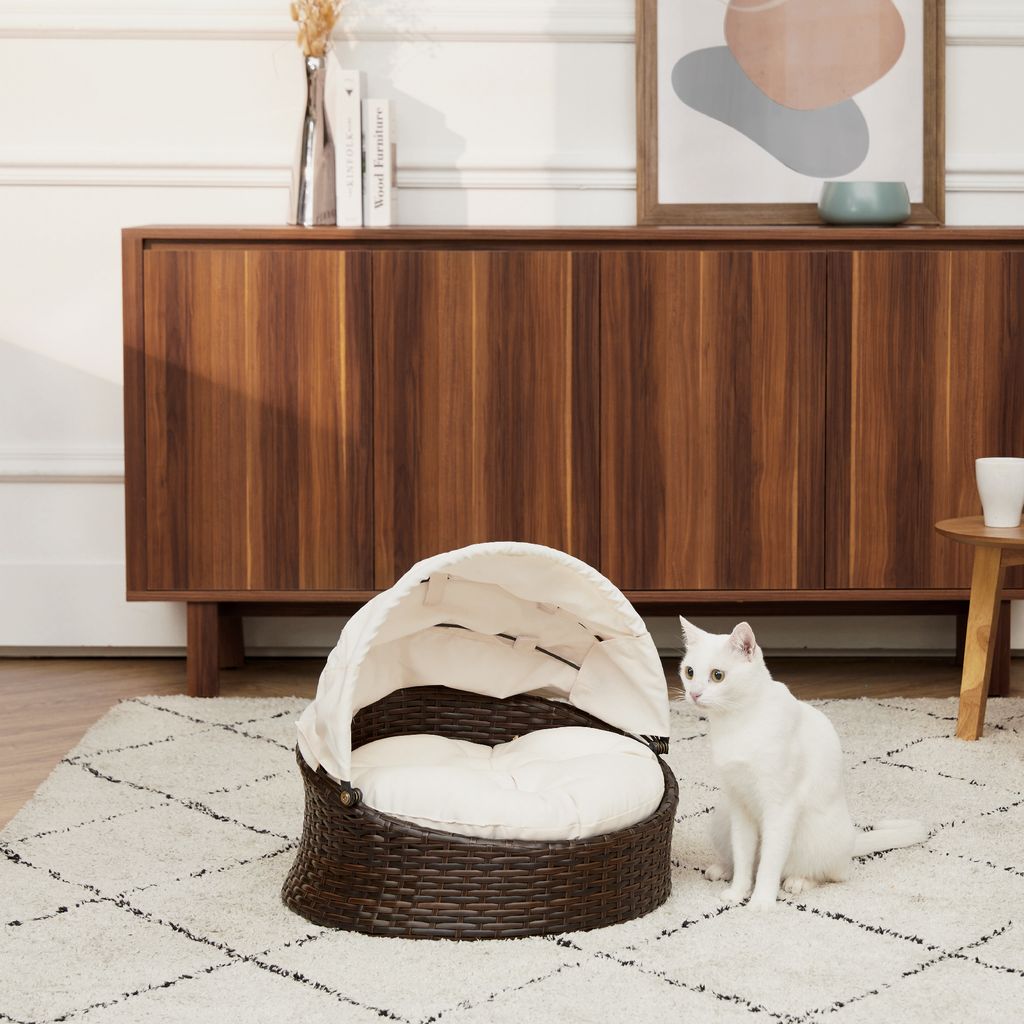 Teamson Pets Clotho Rattan Haustierbett – Hochbett Für Katzen & Kleine Hunde Bis 30 Kg, Mit Waschbarem Kissen, Für Drinnen & Draußen