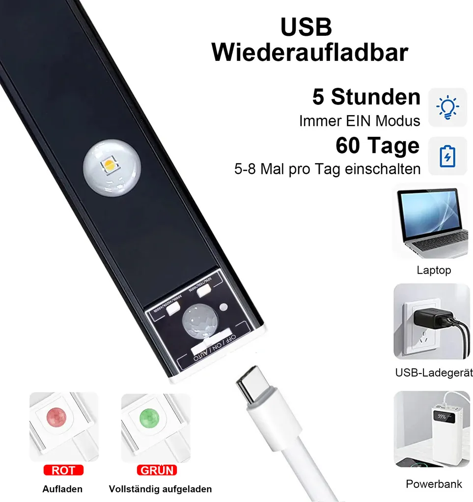 Barra LED 30cm Nera Wireless per Armadio e Cucina - Sensore Smart - 12