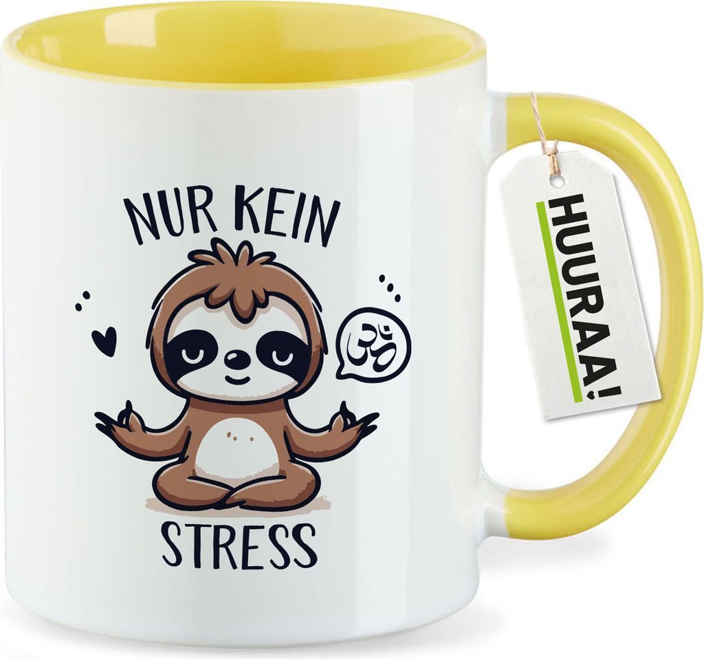 Huuraa Kaffeetasse Nur keinen Stress Yoga Faultier 330ml Gelb Keramik Kaffeebecher Geschenkidee